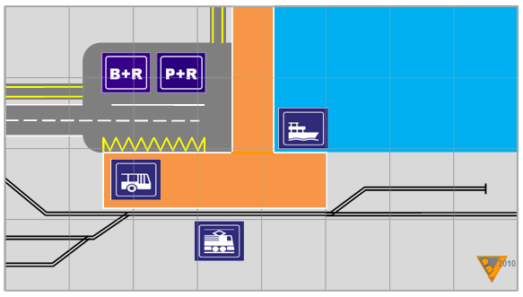 8. ábra: Enyhén excentrikus intermodális átszállási csomópont 3-szor (módonként) 3 iránypár járatai között. Egyazon platform egyik oldalán időben egymás után a vonatok, a másik oldalán pedig a (távolsági és/vagy helyi) autóbuszok és hajók állásainak kialakításával, az aránylag kis területen kijelölhető rövid gyaloglási útvonalak miatt, igen gyors síkbeli átszállási rendszer alakítható ki. A csomópont vasútállomásán egyetlen vágány ad helyt mindhárom vonatnak. Elsőként (bal felső irányból) a csatlakozó vonal járata érkezik a vágányra, ahonnan a leszállást követően a (jobboldalon kiágazó) csonka vágányra tolat, miközben már meg is érkezik a helyére az átmenőjárat jobbról balra közlekedő vonata. A szerelvény az utascsere után (balra a kétvágányú szakaszon) elhagyja az állomást, és helyére megérkezik a szemközti vonatpár, majd az utascsere utáni indulását követően a csatlakozóvonal vonata áll a helyére, hogy az utasok beszállása után szintén útnak indulhasson.