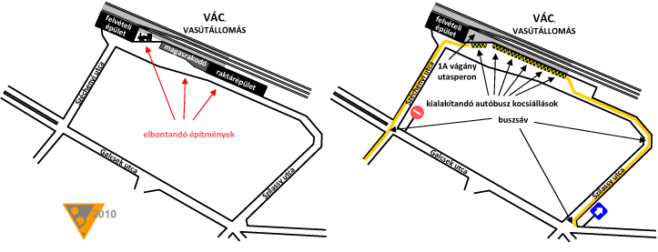 2. ábra: A váci vasútállomás térségének jelenlegi (baloldalon) és kialakítandó (jobboldalon) közlekedési rendje a gyors busz-vonat átszállás biztosítása érdekében