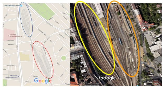 2. ábra: Budapest-Déli egészének (balra), valamint a tároló vágányainak (jobbra) elrendezése (képalap forrása: maps.google.com)