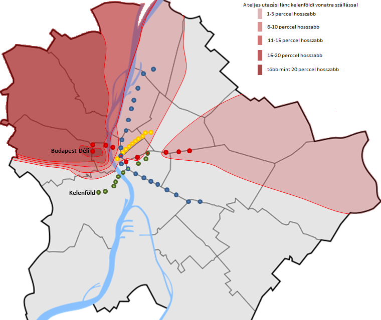 1. ábra: A Déli pályaudvar bezárása miatti eljutási időhosszabbodás mértéke a főváros egyes térségeiből