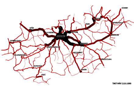 2/a. ábra. A közlekedő vonatok számát bemutató térkép az új MÁV-menetrendben (az egyes vasútvonalak színe és vastagsága a rajtuk közlekedő vonatok számától függ)