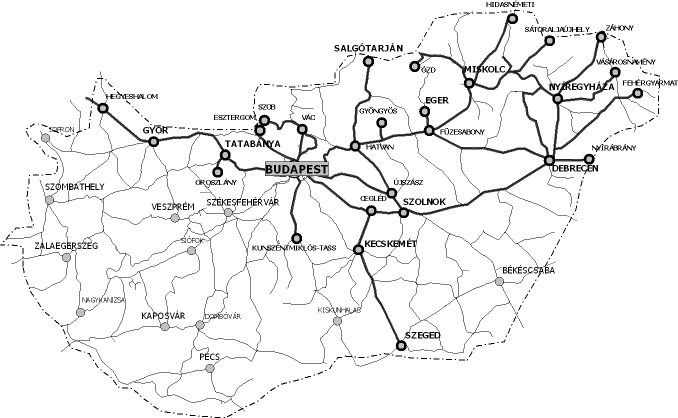 2. ábra: A integrált ütemes menetrend kiterjesztésével érintett vasútvonalak (vastagon jelölve)